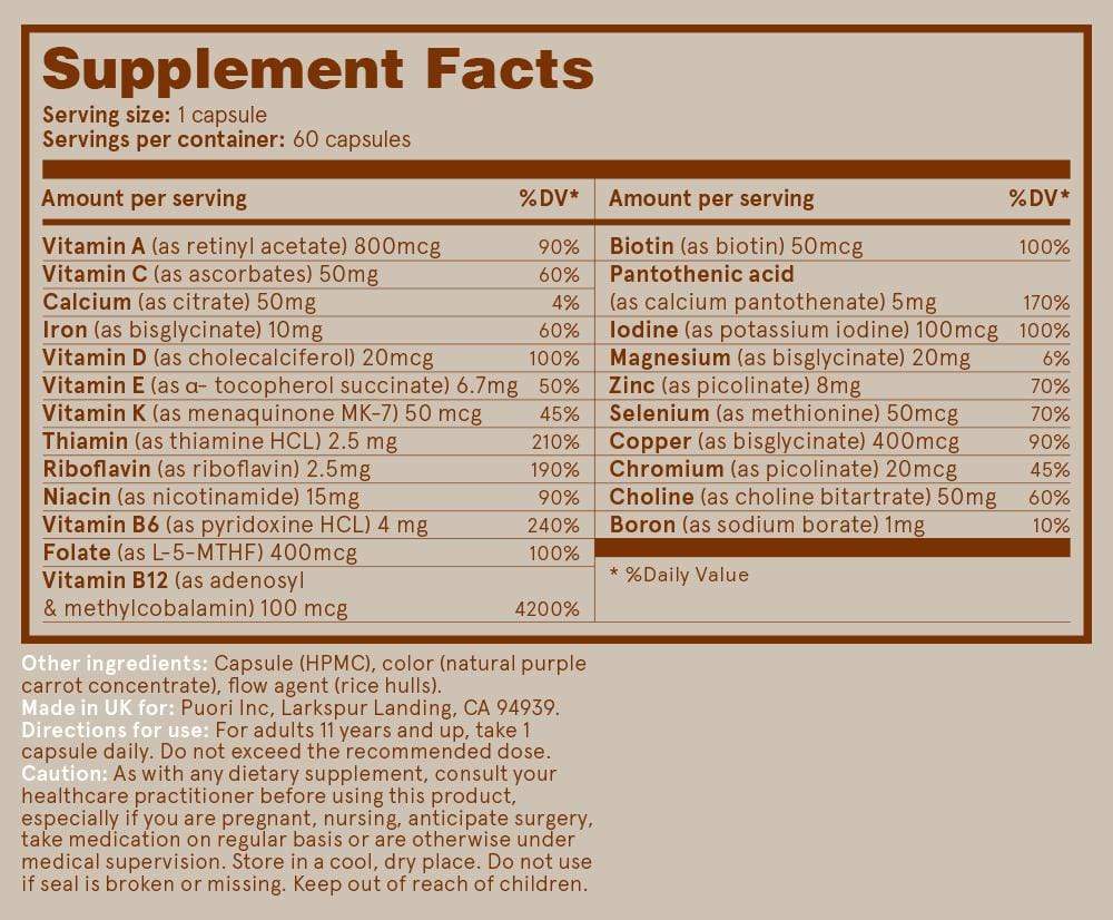 Puori Supplements 60 Capsules Puori V Multi Vitamin and Minerals